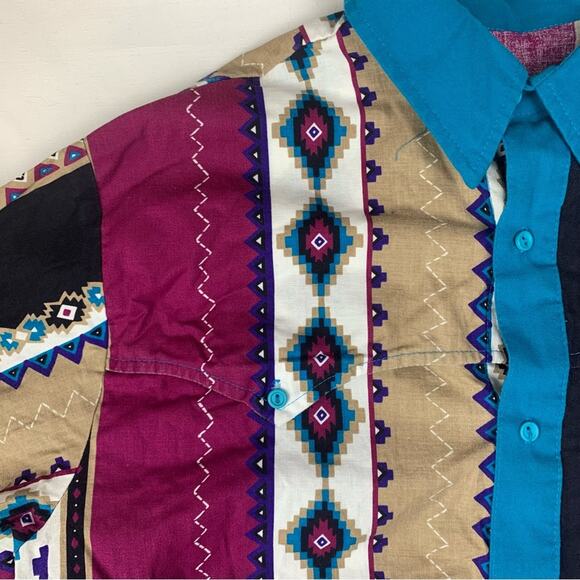 Steer West Mens XL vintage Button Down Shirt in Blue Red Geometric Patterns - Picture 4 of 9